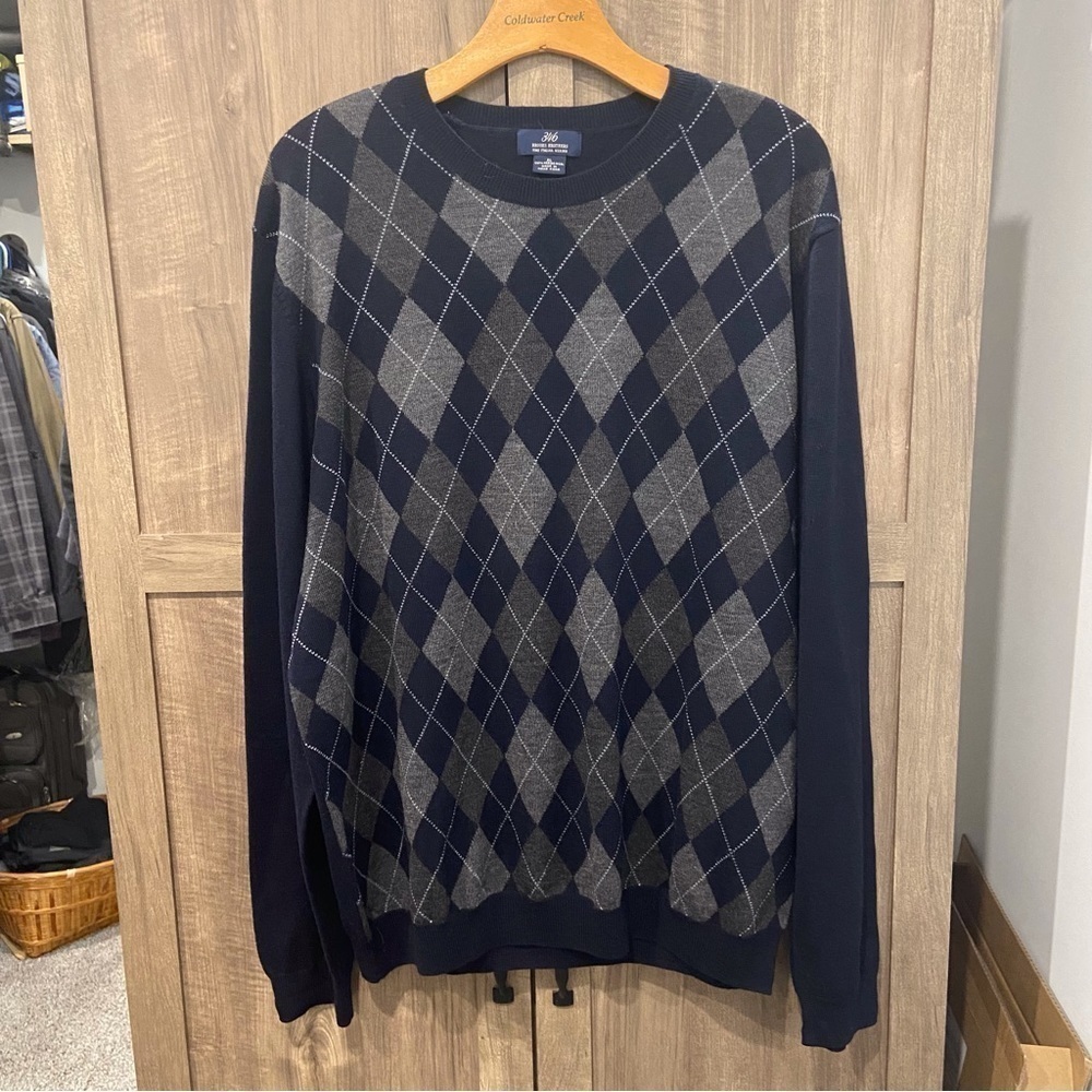 Brooks Brothers XL Mens Italian Merino Wool Argyle Sweater Blue Gray